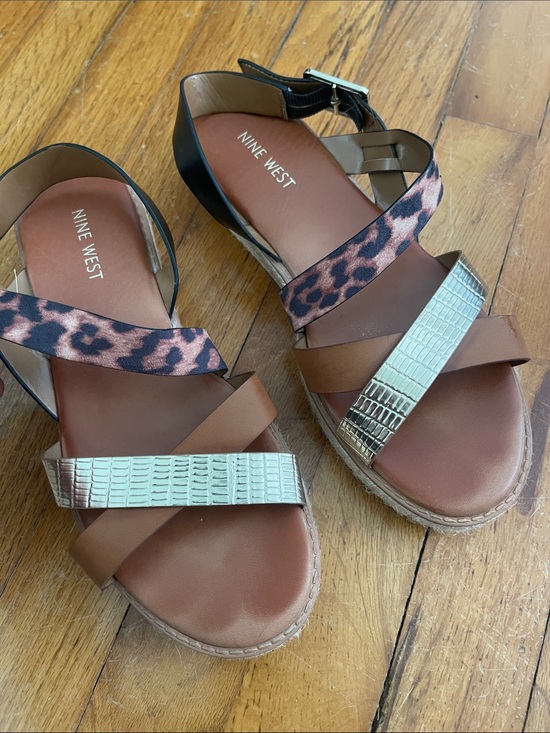 Nine West Shoes - Nine West Brown Leopard and Gold Strap Sandals 8 1/2